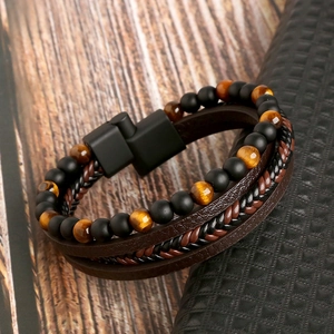 Men's multi-layer tiger eye stone and woven brown leather bracelet with matte metal clasp