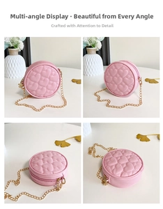 Detailed views of pink round crossbody bag with heart quilting and golden chain strap