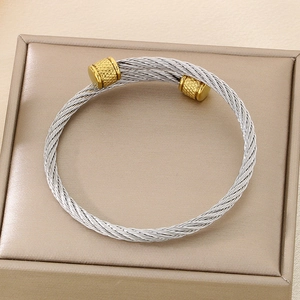 Detail of twisted silver wire rope bangle with gold accents in jewelry gift box