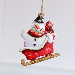 Resin Christmas tree hanging ornament featuring a colorful snowman on a red sleigh