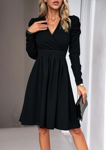 Detail view of the elegant V-neck long sleeve dress with waist ruching in black