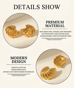 Detail of gold shell earrings in vacuum plated stainless steel with high-end texture