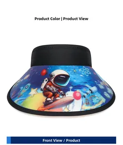 Front view of black kids visor hat with colorful 3D cartoon space and astronaut prints