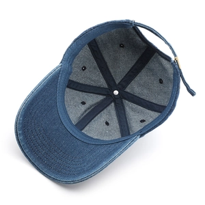 Retro denim baseball cap with embroidery, featuring adjustable metal buckle and inner stitching