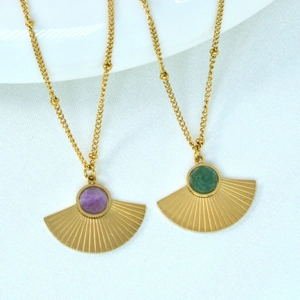 Classic 14K gold-plated stainless steel fan pendant necklace with purple amethyst stone