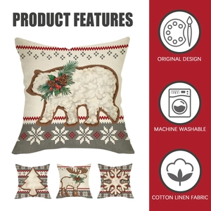 Detail of Christmas pillow cover showing cotton linen texture and festive bear print