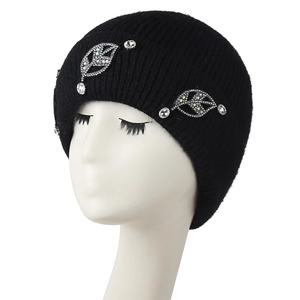 Winter black knit beanie for women with elegant rhinestone leaf patterns and ribbed texture
