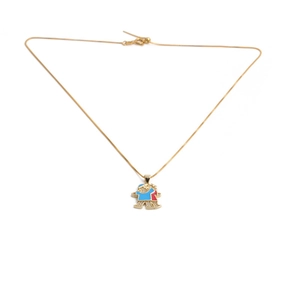 Detail view of gold hip hop pendant necklace with micro-paved children figures