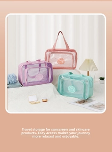 Travel toiletry bags set in pink, purple, and mint green with clear PVC windows and handles