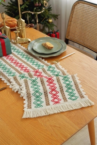 Detailed weave texture of Christmas table runner with red and green geometric patterns