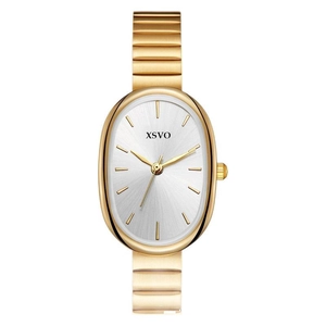 Minimalist vintage gold oval dial steel band wristwatch for women with quartz movement