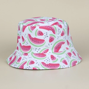 Vue détaillée du chapeau bob blanc avec imprimé pastèque rose et coutures renforcées