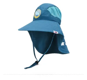 Detail of kids breathable sun hat with wide brim, neck flap and mesh vents in navy blue