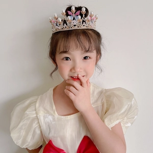 Girl's golden crown headband with pearls and colorful crystal butterfly for parties