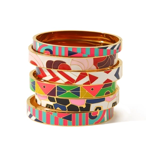 Set of six 18k gold-plated enamel bracelets with colorful geometric patterns