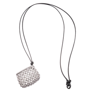 Handmade silver mesh bag pendant necklace with a black wax rope on a white background