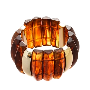 Retro geometric wide stretch bracelet with amber resin segments and gold metal details