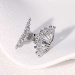 Vintage geometric fan-shaped hollow stainless steel open ring in silver finish