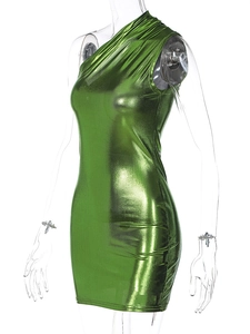 Detail of glossy metallic green one-shoulder mini dress with ruching side effects
