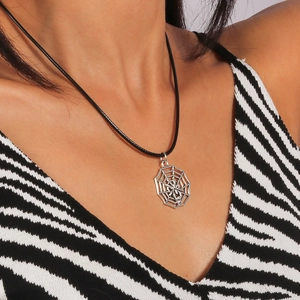 Gothic silver octagonal spider web pendant necklace with black cord for Halloween fashion