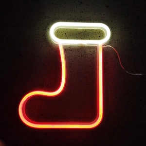 Red and white LED neon Christmas stocking light for festive wall decoration