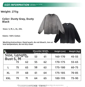 Detailed size chart for vintage washed cotton T-shirt with measurements and care icons