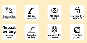 Features of 12-inch LCD writing tablet including eye protection and one-click clear button
