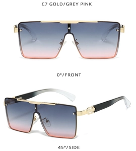 Detailed front and side views of gold square sunglasses with grey pink gradient lenses