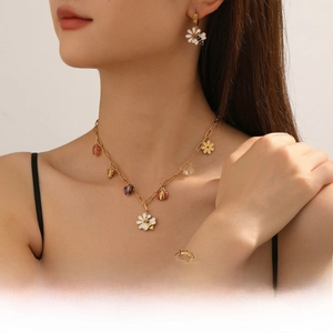 Detailed view of fashion jewelry set with floral bee charms on a model for display