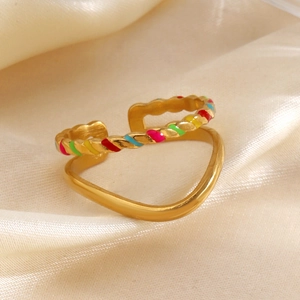 Minimalist gold adjustable knot ring with colorful enamel drip on satin backdrop
