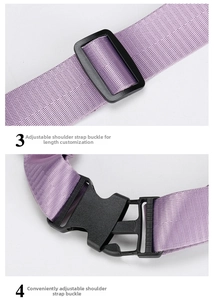 Detail of adjustable purple woven shoulder strap with black buckle and quick-release clip