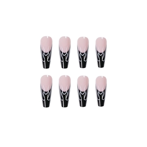 Faux ongles cercueil longs avec pointes noires style French et motifs flammes blanches