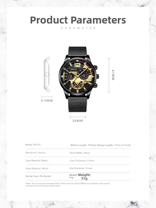 Detailed dimension guide for black gold Geneva quartz watch with mesh strap and calendar