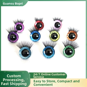 Macro detail of colorful 3D doll eyes with long black eyelashes and sparkling glitter finish