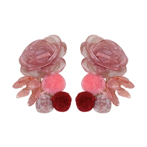 Sweet pink lace rose earrings with soft pom-poms and acrylic petals on white background