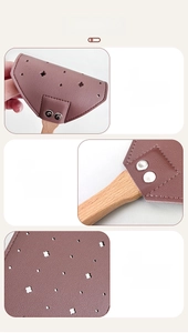 Detail of durable leather fly swatter with star-shaped holes and secure rivet joint