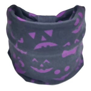 Halloween sweatband with purple pumpkin patterns on a dark gray moisture-wicking fabric
