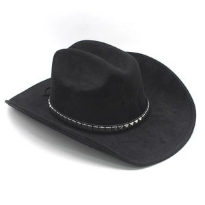 Detail of black suede cowboy hat featuring wide brim and silver square metal studs decoration