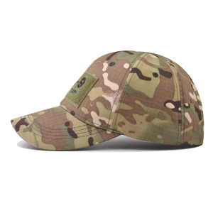 Detail of multicam camouflage baseball cap with K-9 Unit tactical velcro patch