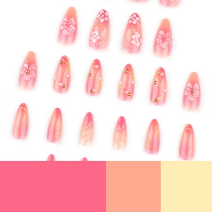 Rosa Ombré Mandel-Nägel zum Aufkleben mit 3D-Blumenkunst und feinen Perlen