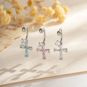 Cross Pendant Ear Cartilage Piercing Ring With Zircon Micro Pave Titanium Steel C Shape Hoop Fashion Body Jewelry