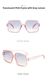 Detail view of pink square oversized sunglasses with gradient grey lenses from dual angles
