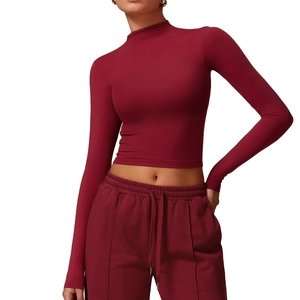 Slim fit burgundy long sleeve sports crop top with high neck for yoga and fitness