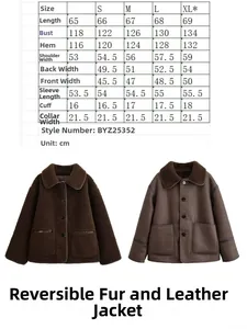 Detailed size chart for the faux suede jacket with measurements for lengths and widths