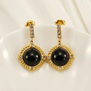 Vintage Round Drop Earrings For Women Stainless Steel PVD 18K Gold Plated Black Resin With Rhinestones