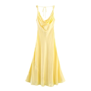 Elegant pale yellow satin cowl neck maxi dress with slim adjustable spaghetti straps