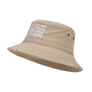 Khaki cotton bucket hat with white letter embroidery and side metal ventilation eyelets