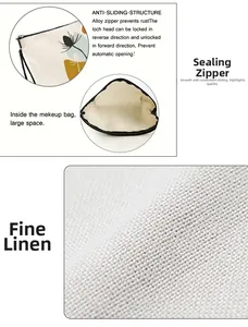 Detail view of anti-slip zipper and textured linen fabric on the ink print cosmetic bag