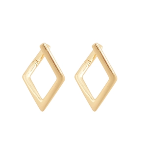 Symmetric gold geometric rhombus pendant earrings with minimalist modern design on white background