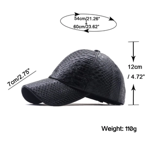 Détails d'une casquette noire motif serpent avec mesures de taille et dimensions